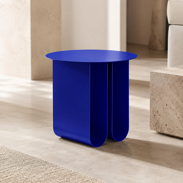 Modern Round Small Side Table Compact Iron Construction Easy Assembly Blue Finish