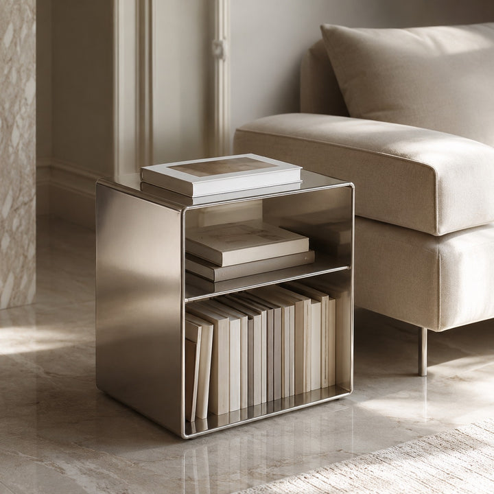 Minimalist Small Side Table Stainless Steel Compact Design with Functional Storage for Living Room