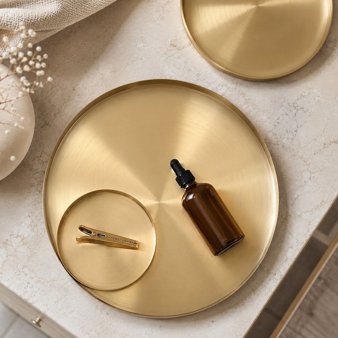 Modern Round Decorative Tray Stainless Steel Gold Finish Versatile Kitchen Organizer 12 Inch