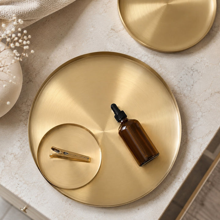Modern Round Decorative Tray Stainless Steel Gold Finish Versatile Kitchen Organizer 12 Inch