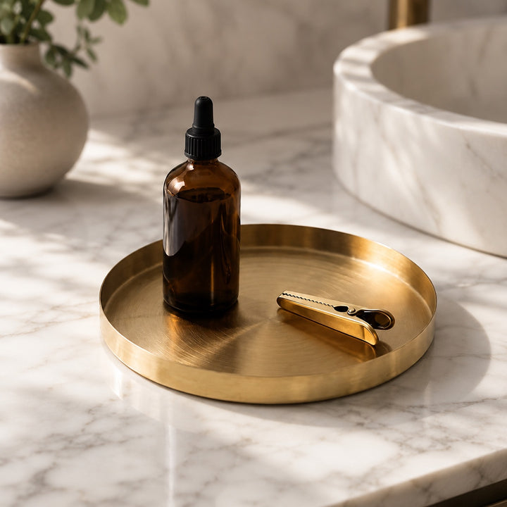 Modern Round Decorative Tray Stainless Steel Gold Finish Versatile Kitchen Organizer 12 Inch