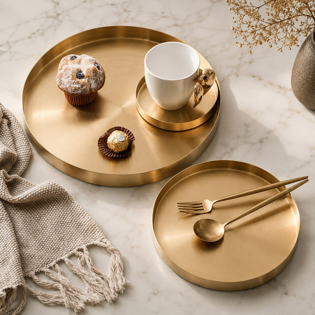 Modern Round Decorative Tray Stainless Steel Gold Finish Versatile Kitchen Organizer 12 Inch