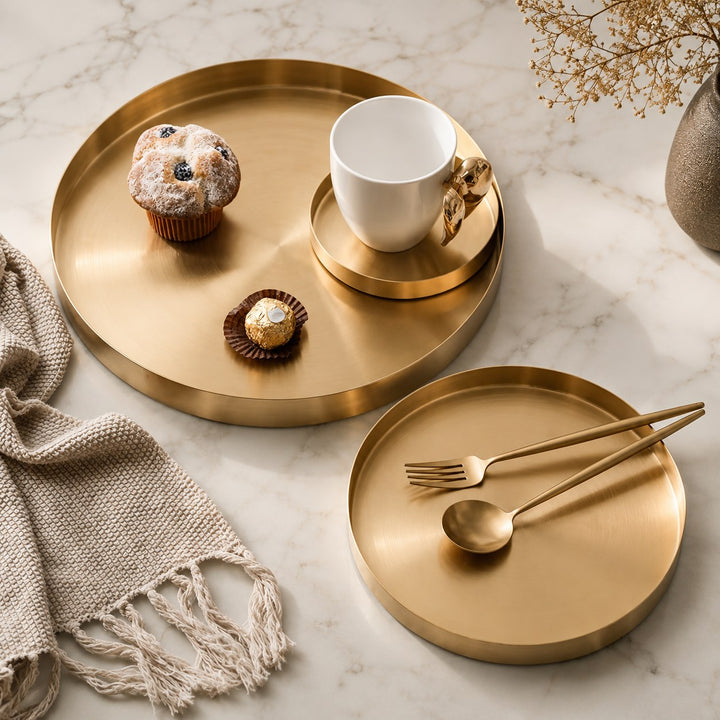 Modern Round Decorative Tray Stainless Steel Gold Finish Versatile Kitchen Organizer 12 Inch