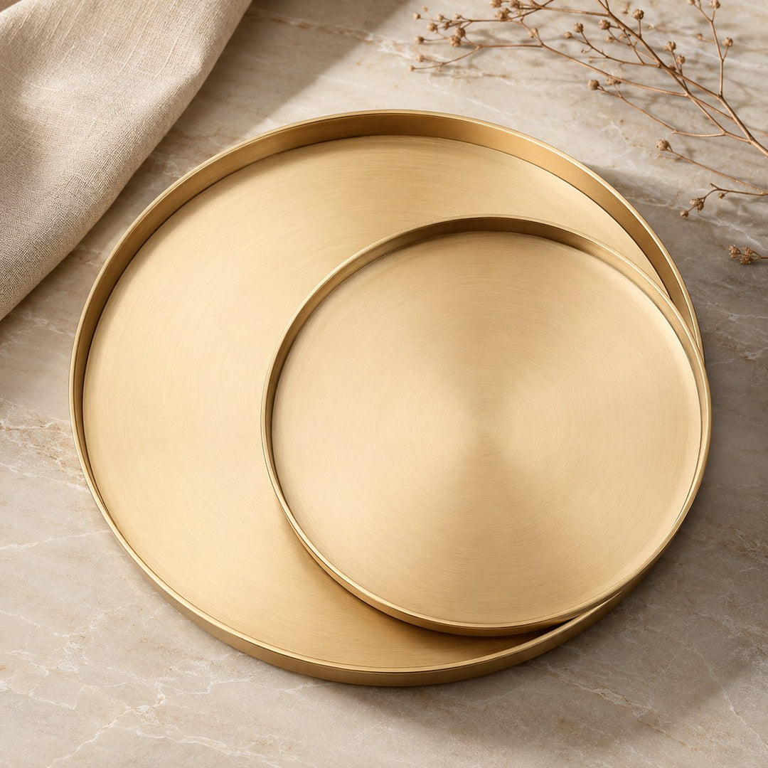 Modern Round Decorative Tray Stainless Steel Gold Finish Versatile Kitchen Organizer 12 Inch