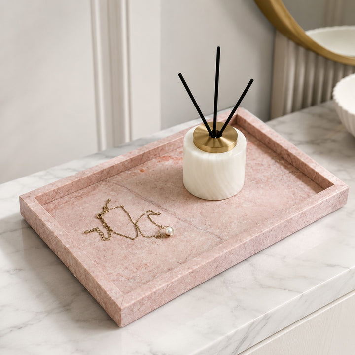 Natural Pink Marble Tray Decorative Serving Dish Jewelry Organizer