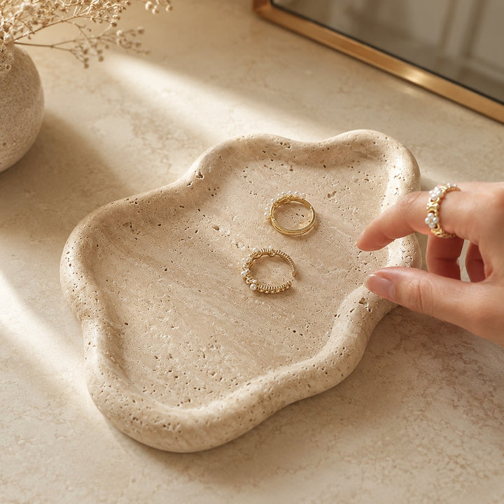 Modern Jewelry Tray Cloud Shape Natural Travertine with Raised Edges for Elegant Organization