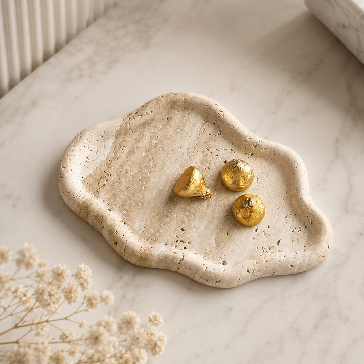 Modern Jewelry Tray Cloud Shape Natural Travertine with Raised Edges for Elegant Organization