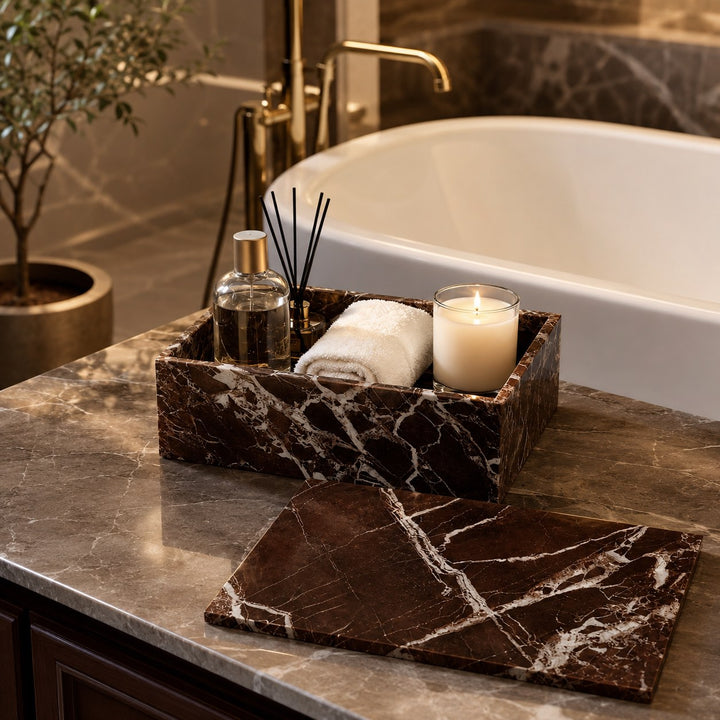 Modern Acrylic Bathroom Storage Organizer with Marble Look for Cotton Swabs and Pads