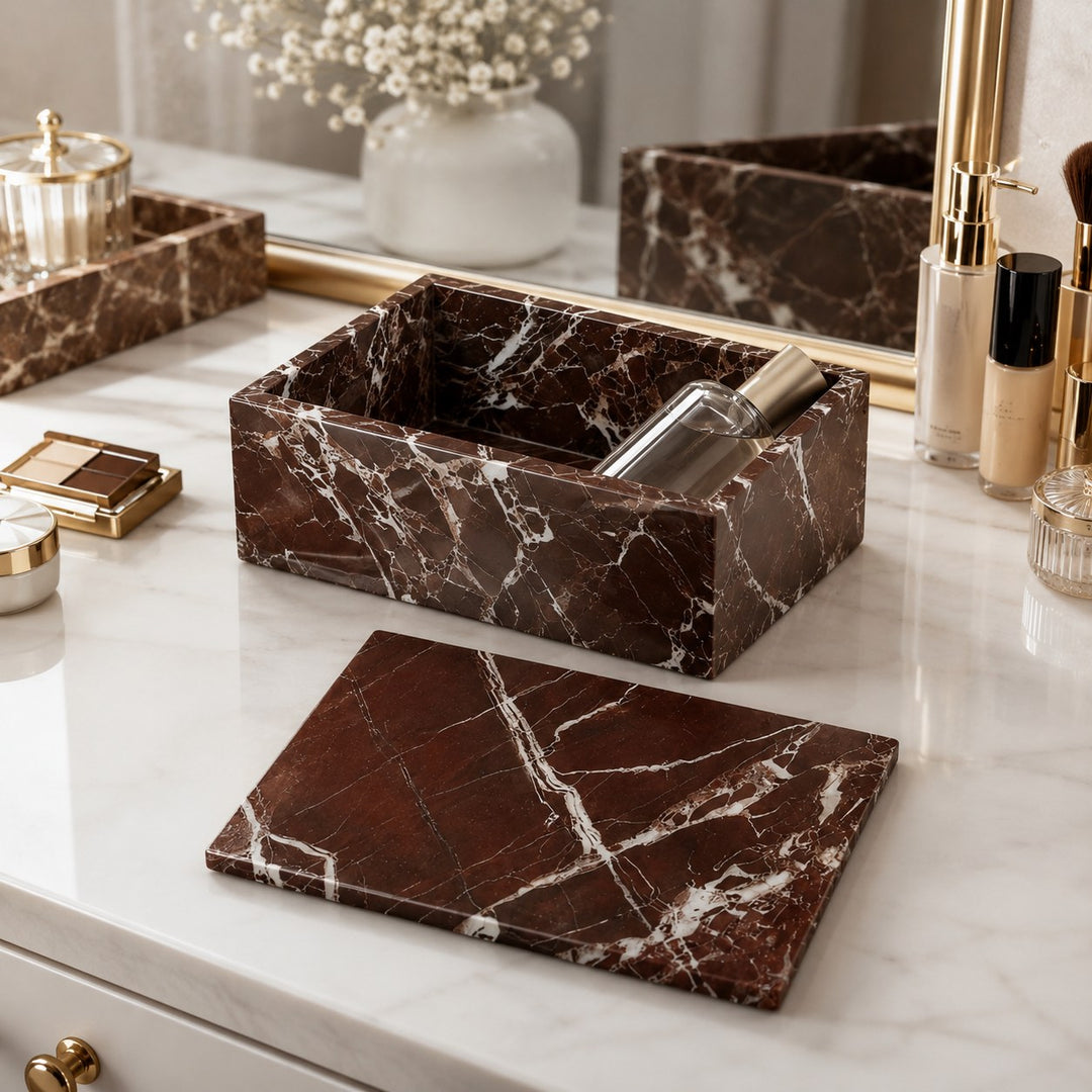 Modern Acrylic Bathroom Storage Organizer with Marble Look for Cotton Swabs and Pads