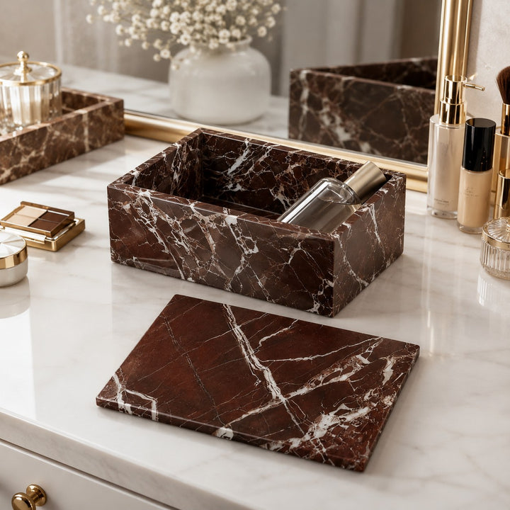 Modern Acrylic Bathroom Storage Organizer with Marble Look for Cotton Swabs and Pads