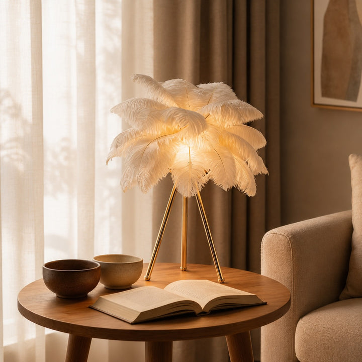 Nordic Style Table Lamp Adjustable USB Powered LED with Feather Shade for Bedroom or Desk
