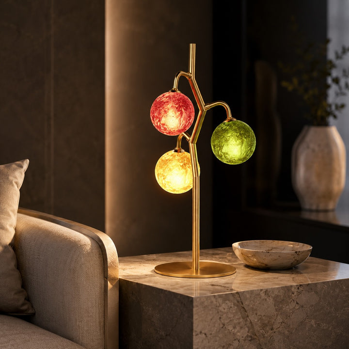 French Style Three-Head Table Lamp with Colored Glass Shades and Walnut Metal Base LED 7W