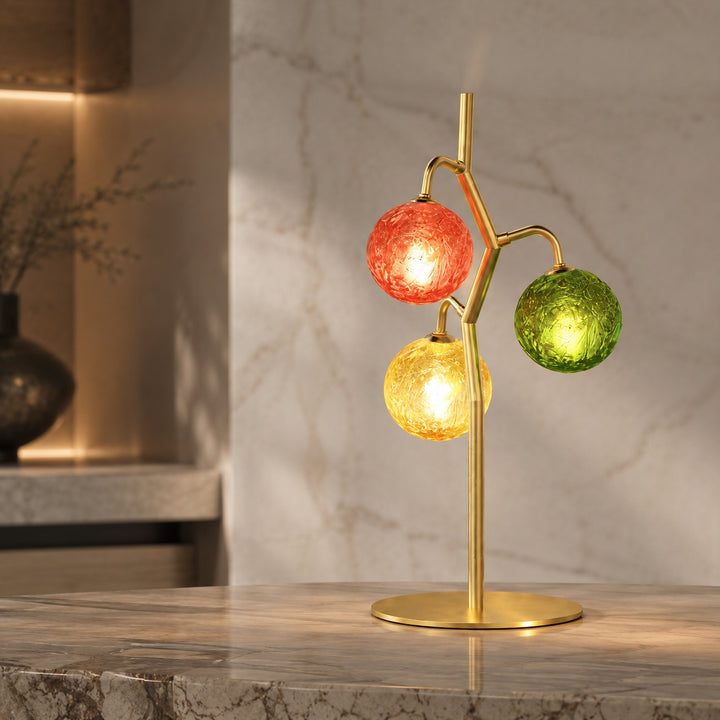 French Style Three-Head Table Lamp with Colored Glass Shades and Walnut Metal Base LED 7W