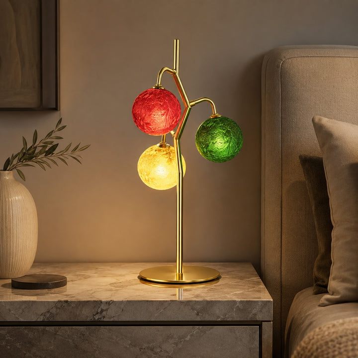 French Style Three-Head Table Lamp with Colored Glass Shades and Walnut Metal Base LED 7W