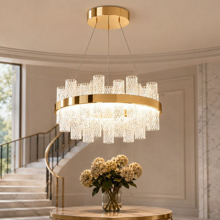 Modern Chandelier Light Adjustable Hanging Fixture Stainless Steel Frame Crackled Glass Shade LED