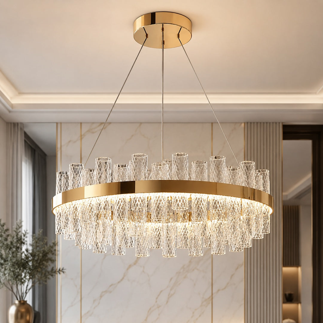 Modern Chandelier Light Adjustable Hanging Fixture Stainless Steel Frame Crackled Glass Shade LED