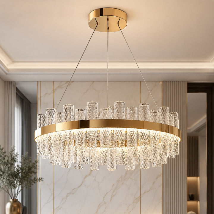 Modern Chandelier Light Adjustable Hanging Fixture Stainless Steel Frame Crackled Glass Shade LED