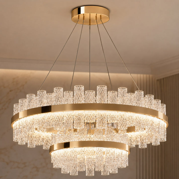 Modern Chandelier Light Adjustable Hanging Fixture Stainless Steel Frame Crackled Glass Shade LED