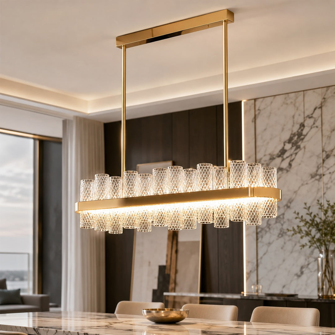 Modern Chandelier Light Adjustable Hanging Fixture Stainless Steel Frame Crackled Glass Shade LED