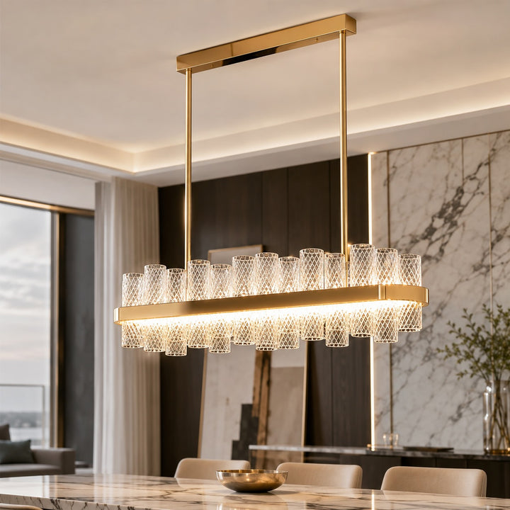 Modern Chandelier Light Adjustable Hanging Fixture Stainless Steel Frame Crackled Glass Shade LED