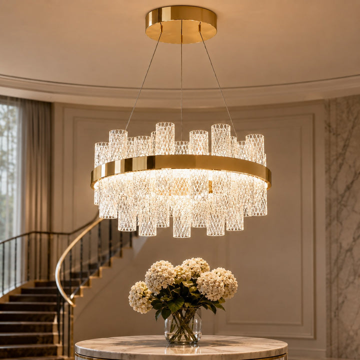 Modern Chandelier Light Adjustable Hanging Fixture Stainless Steel Frame Crackled Glass Shade LED