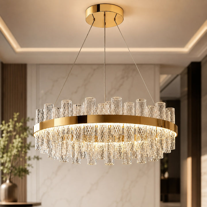 Modern Chandelier Light Adjustable Hanging Fixture Stainless Steel Frame Crackled Glass Shade LED