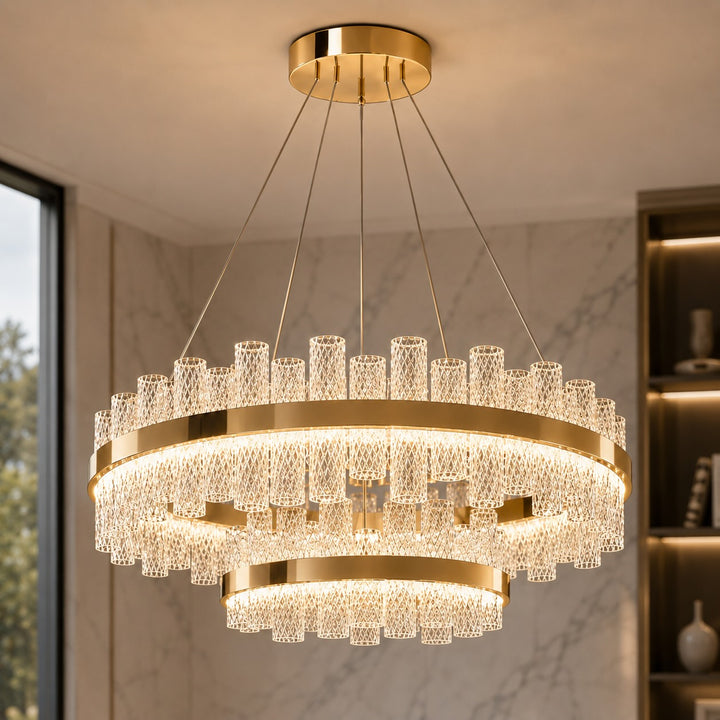 Modern Chandelier Light Adjustable Hanging Fixture Stainless Steel Frame Crackled Glass Shade LED
