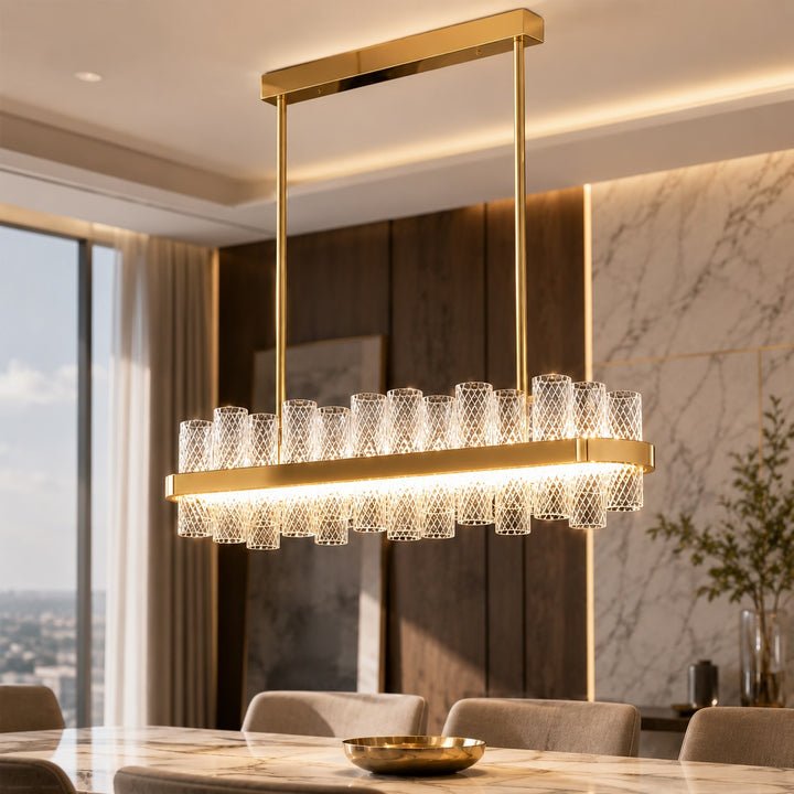 Modern Chandelier Light Adjustable Hanging Fixture Stainless Steel Frame Crackled Glass Shade LED