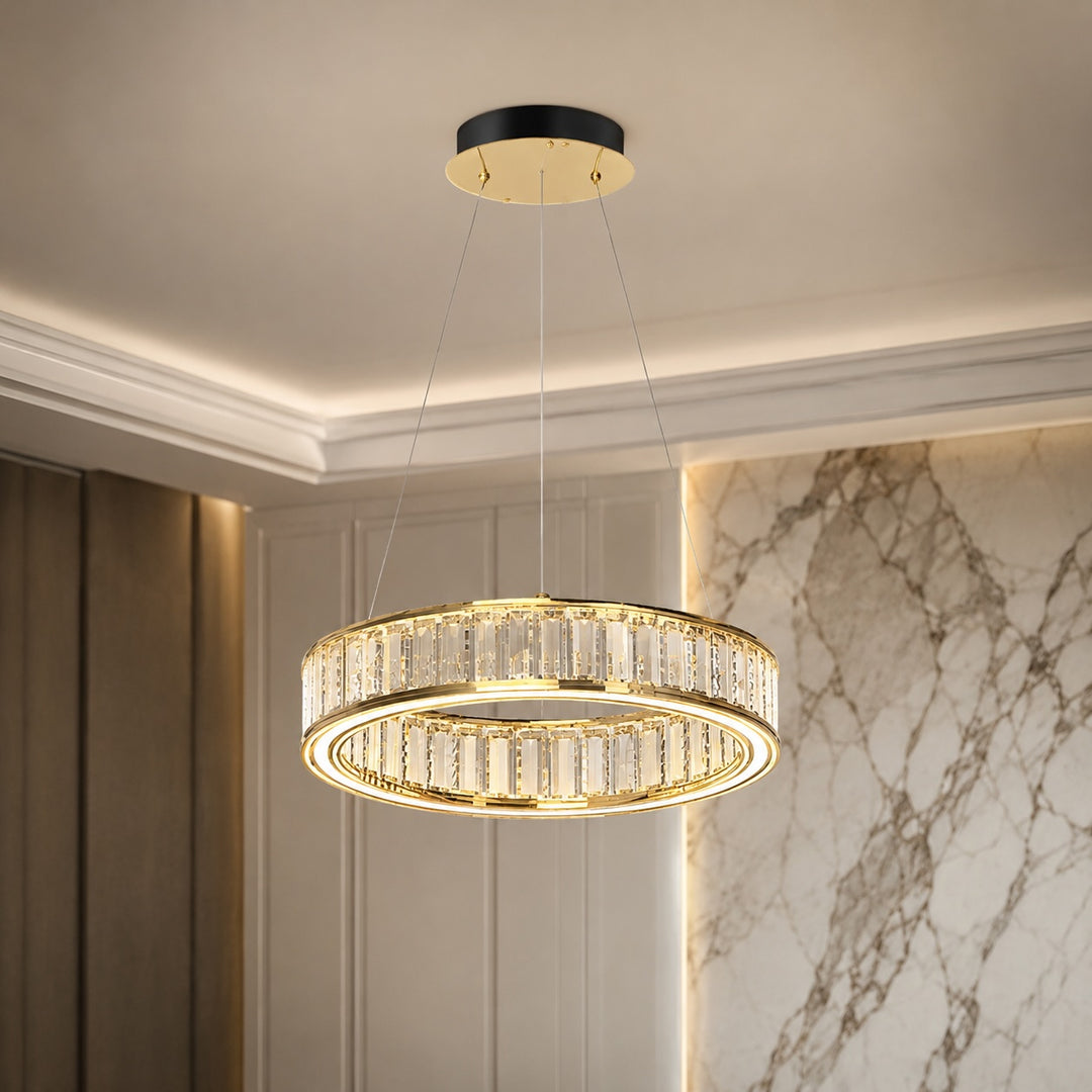 Modern Crystal Chandelier Hanging Light Adjustable LED Gold Aluminum Frame Three-Color Dimming