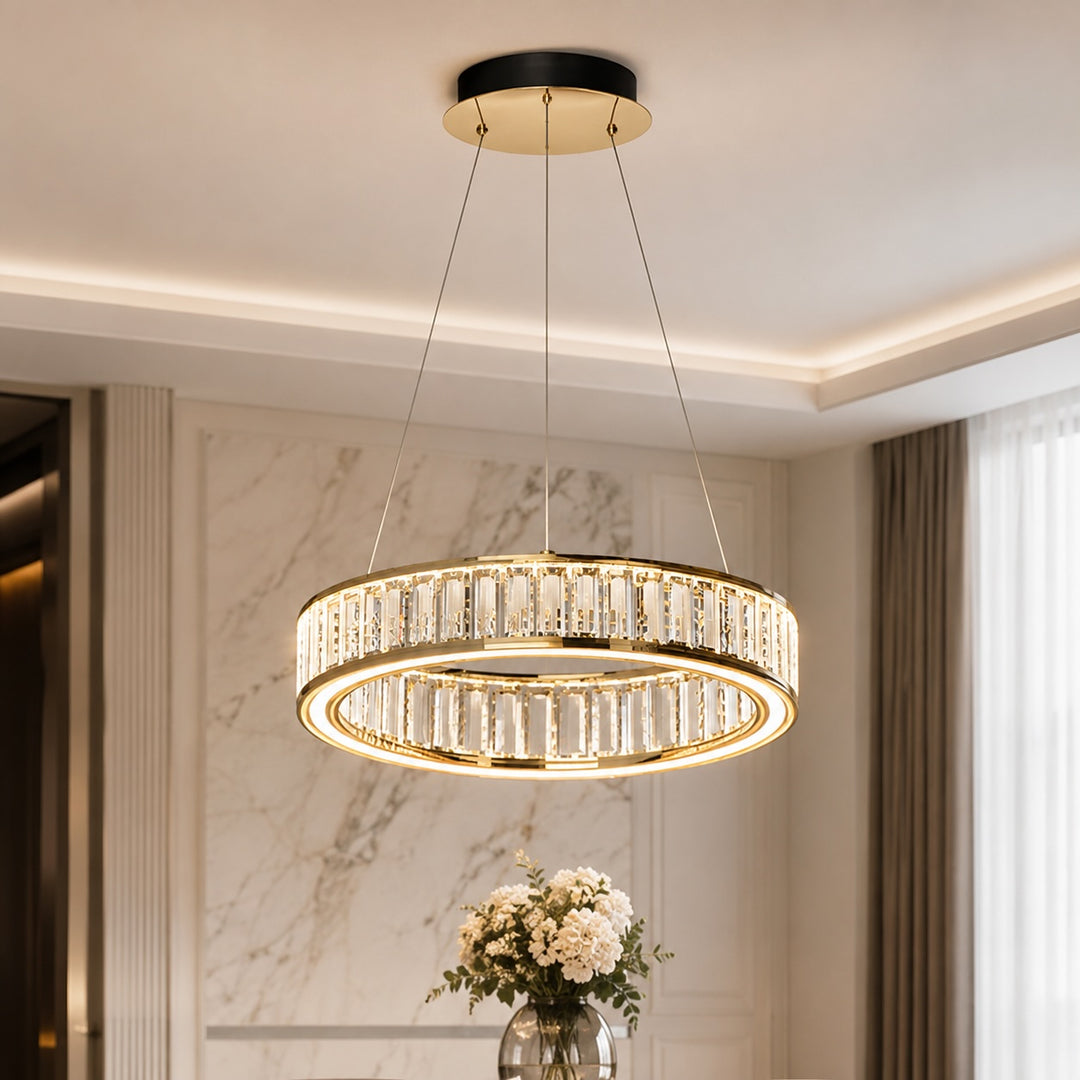 Modern Crystal Chandelier Hanging Light Adjustable LED Gold Aluminum Frame Three-Color Dimming
