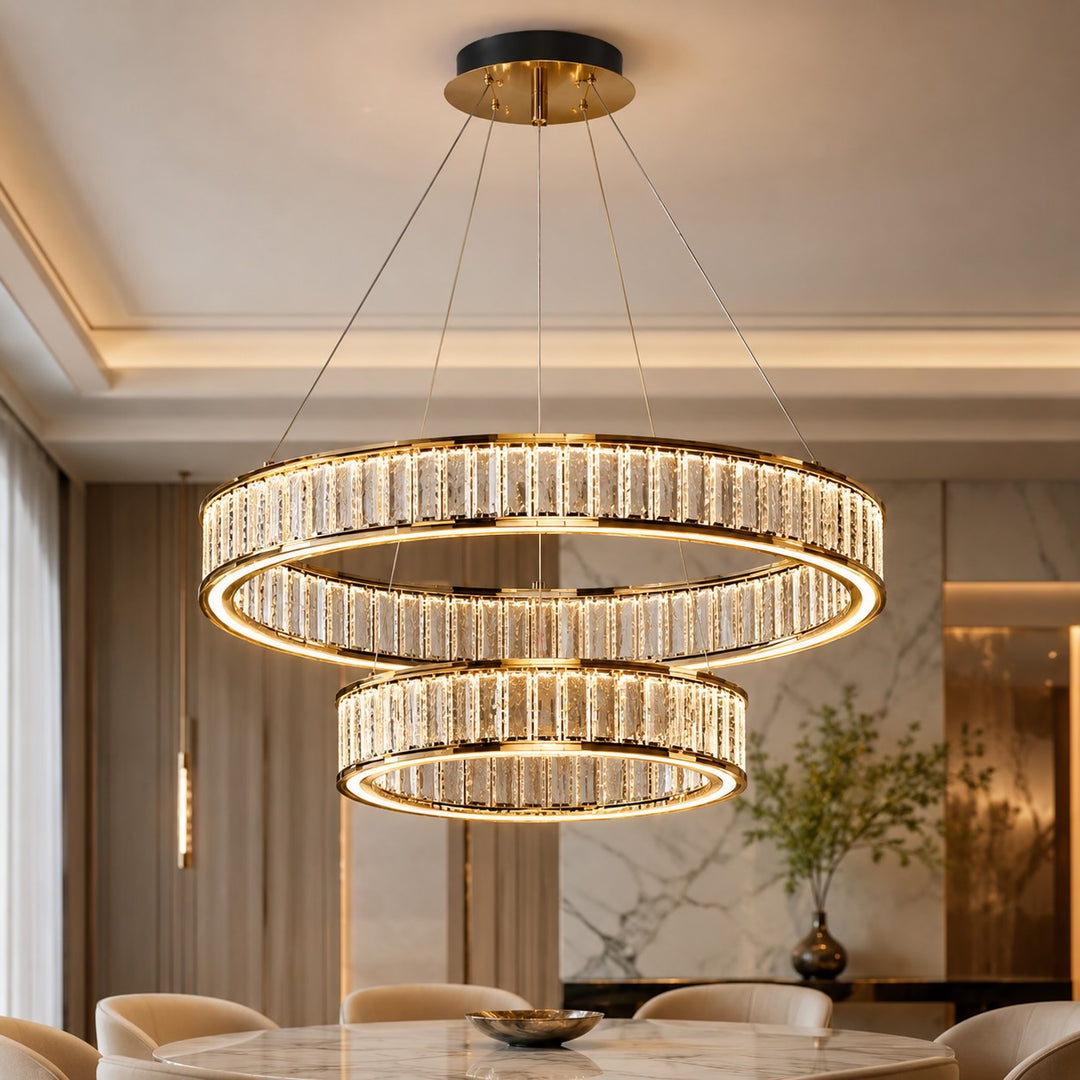 Modern Crystal Chandelier Hanging Light Adjustable LED Gold Aluminum Frame Three-Color Dimming
