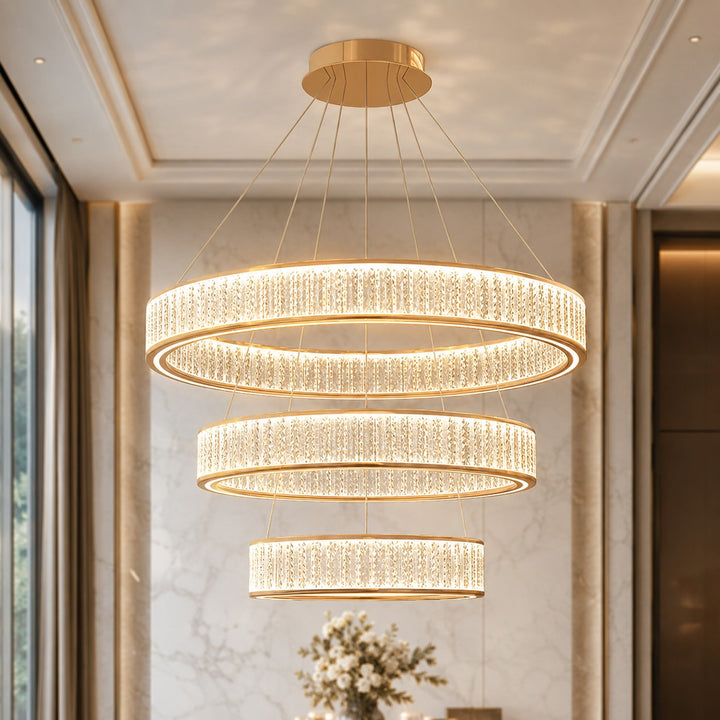 Modern Crystal Chandelier Hanging Light Adjustable LED Gold Aluminum Frame Three-Color Dimming
