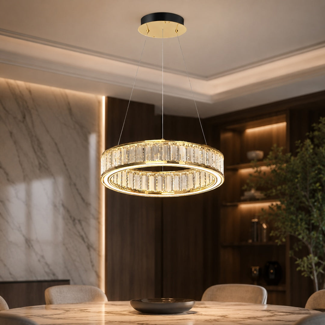 Modern Crystal Chandelier Hanging Light Adjustable LED Gold Aluminum Frame Three-Color Dimming