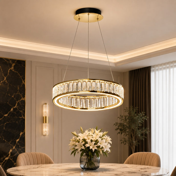 Modern Crystal Chandelier Hanging Light Adjustable LED Gold Aluminum Frame Three-Color Dimming