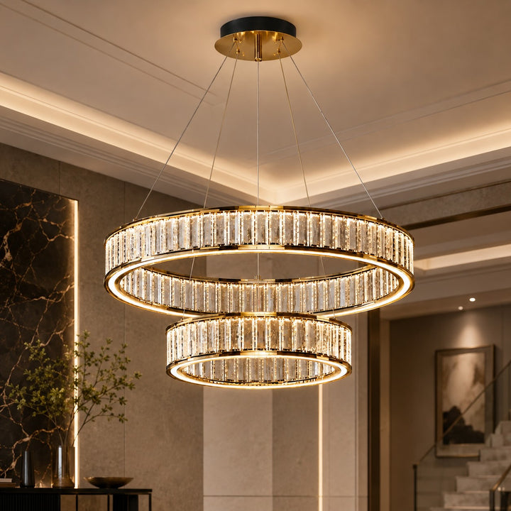 Modern Crystal Chandelier Hanging Light Adjustable LED Gold Aluminum Frame Three-Color Dimming