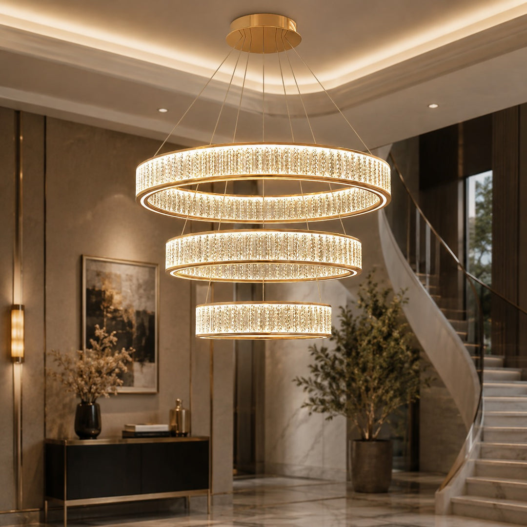 Modern Crystal Chandelier Hanging Light Adjustable LED Gold Aluminum Frame Three-Color Dimming