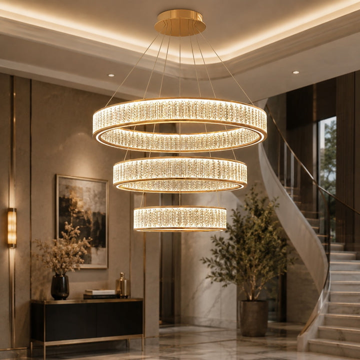 Modern Crystal Chandelier Hanging Light Adjustable LED Gold Aluminum Frame Three-Color Dimming