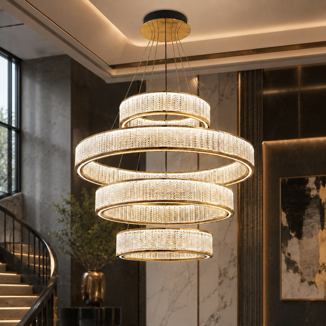Modern Crystal Chandelier Hanging Light Adjustable LED Gold Aluminum Frame Three-Color Dimming
