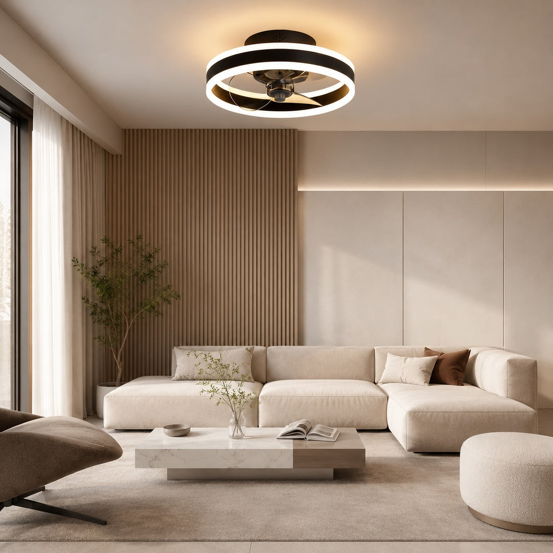 Modern Gold Flush Mount Ceiling Fan with Dimmable LED Light and ABS Blades for Home Use