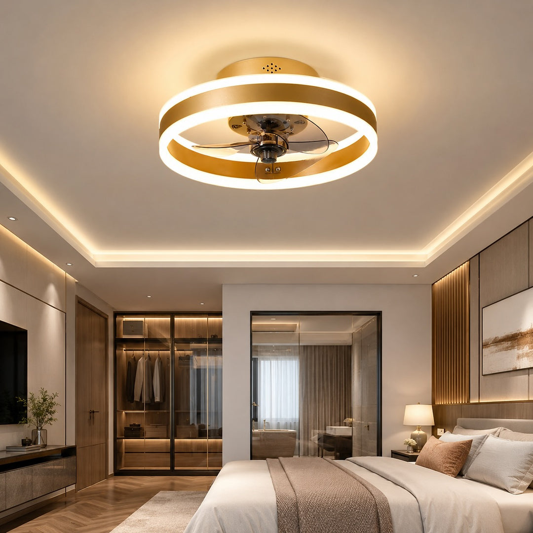 Modern Gold Flush Mount Ceiling Fan with Dimmable LED Light and ABS Blades for Home Use