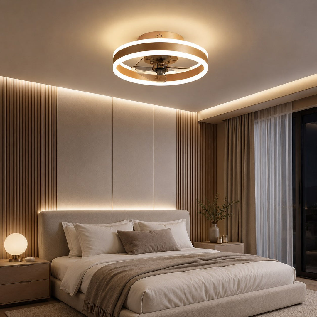 Modern Gold Flush Mount Ceiling Fan with Dimmable LED Light and ABS Blades for Home Use