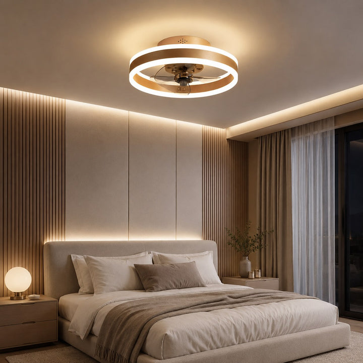 Modern Gold Flush Mount Ceiling Fan with Dimmable LED Light and ABS Blades for Home Use