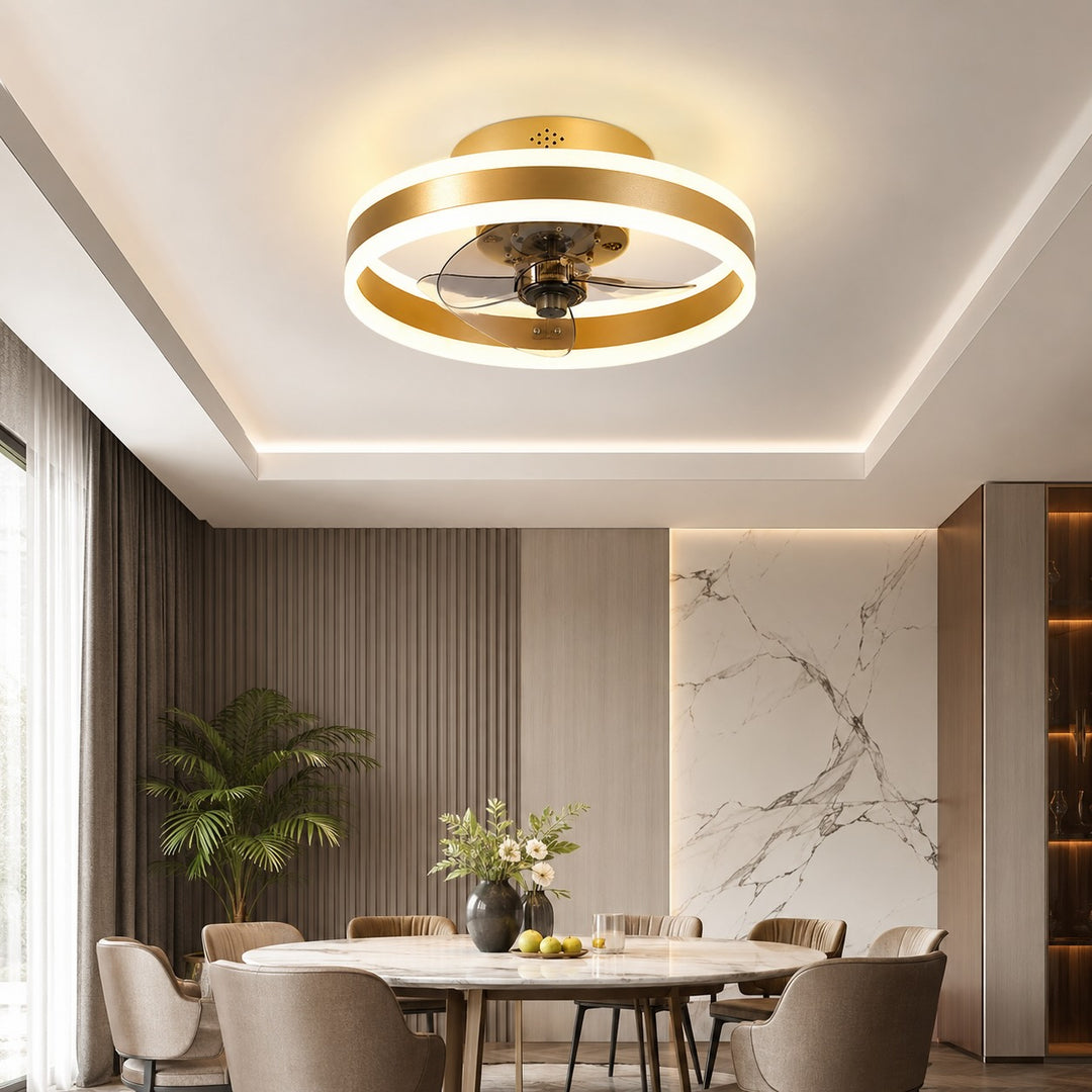 Modern Gold Flush Mount Ceiling Fan with Dimmable LED Light and ABS Blades for Home Use