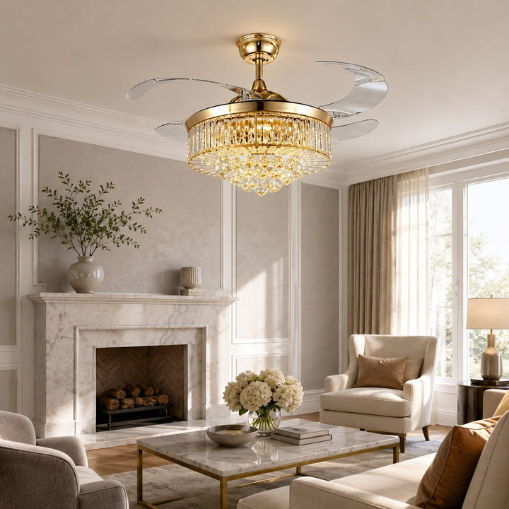 European Ceiling Fan with Lights Flush Mount Crystal Shade Dimmable LED 48W 4 Blades