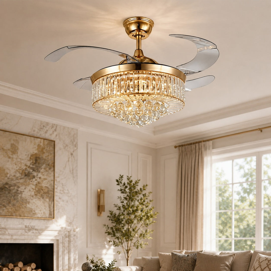 European Ceiling Fan with Lights Flush Mount Crystal Shade Dimmable LED 48W 4 Blades