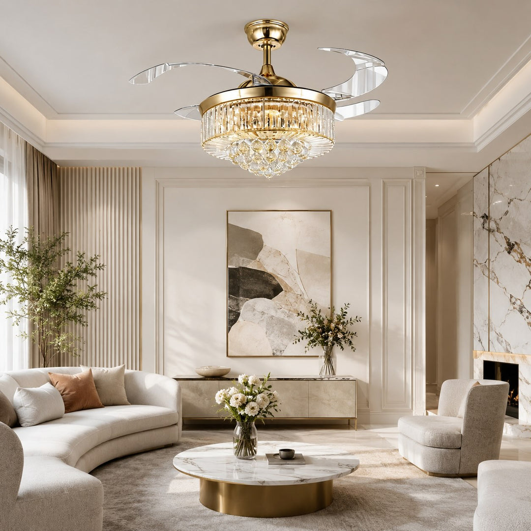 European Ceiling Fan with Lights Flush Mount Crystal Shade Dimmable LED 48W 4 Blades