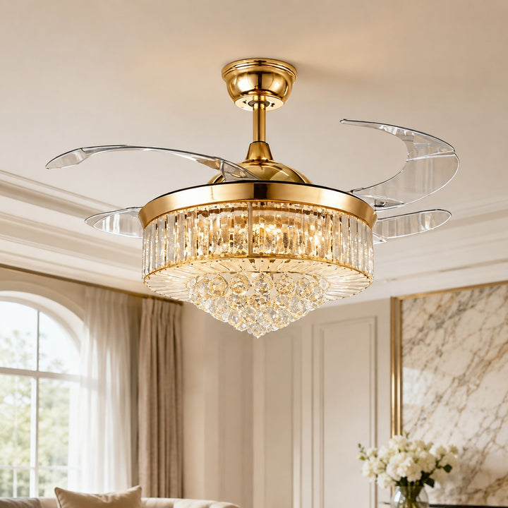 European Ceiling Fan with Lights Flush Mount Crystal Shade Dimmable LED 48W 4 Blades