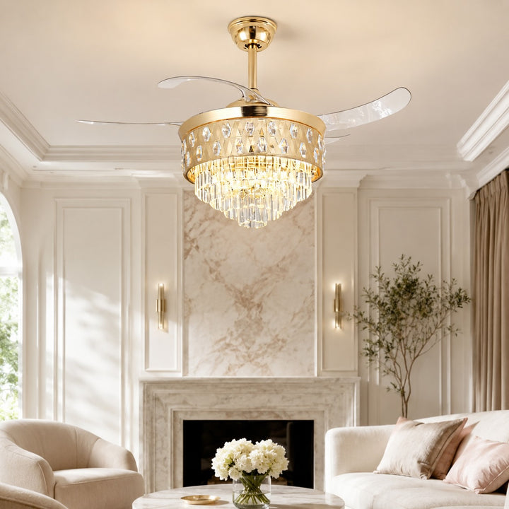 Modern Ceiling Fan with Lights Flush Mount Gold Iron Dimmable LED Crystal Shade 48W