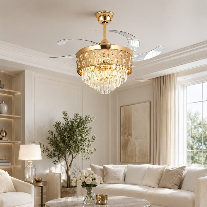 Modern Ceiling Fan with Lights Flush Mount Gold Iron Dimmable LED Crystal Shade 48W
