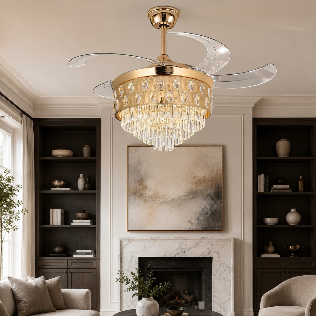 Modern Ceiling Fan with Lights Flush Mount Gold Iron Dimmable LED Crystal Shade 48W